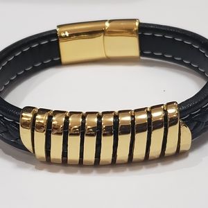 Luxury Men's leather Stainless steel  bracelet